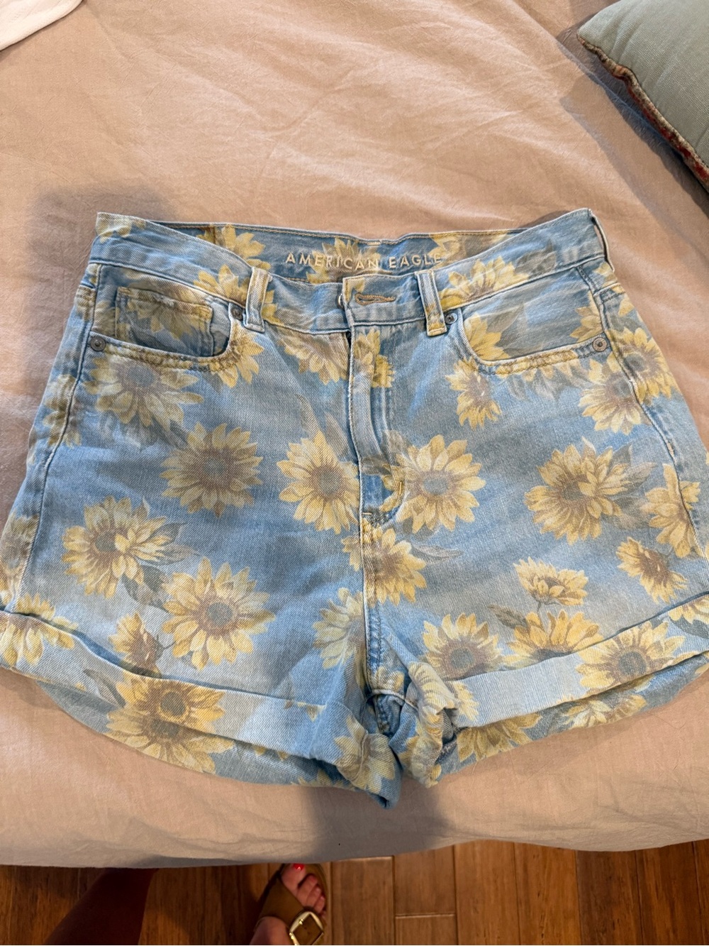 American Eagle Outfitters Light Blue Denim Shorts with Yellow Sunflower Print